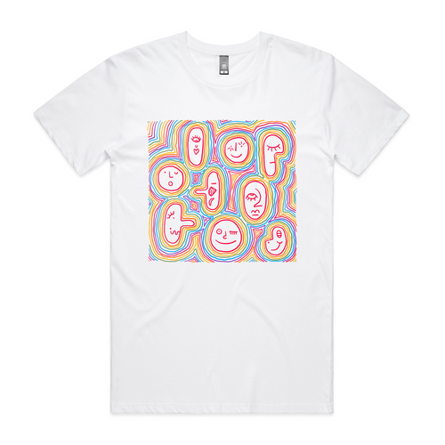 Rainbow Faces Tee by Lonely Kids Club. All clothing from our T-shirts to our shorts and hoodies are ethically made, and printed packed and shipped from Sydney.