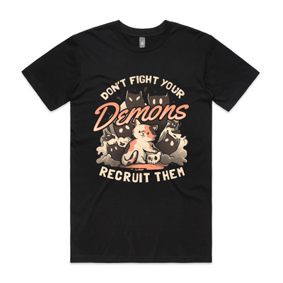 Recruit Your Demons Tee by Lonely Kids Club. All clothing from our T-shirts to our shorts and hoodies are ethically made, and printed packed and shipped from Sydney.