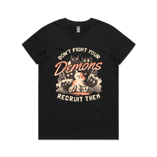 Recruit Your Demons Tee by Lonely Kids Club. All clothing from our T-shirts to our shorts and hoodies are ethically made, and printed packed and shipped from Sydney.