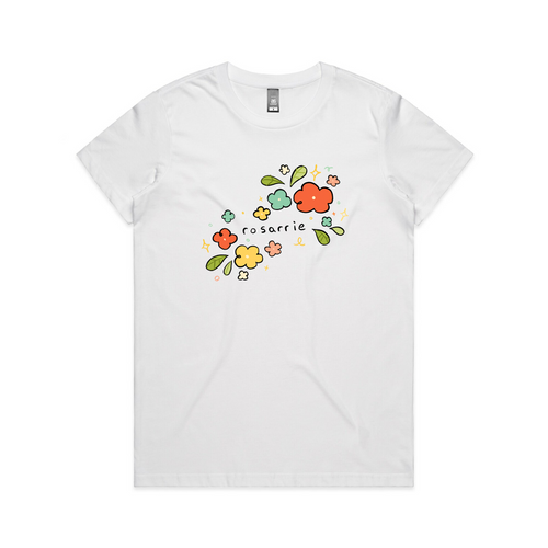Rosarrie Flowers Tee by Lonely Kids Club. All clothing from our T-shirts to our shorts and hoodies are ethically made, and printed packed and shipped from Sydney.