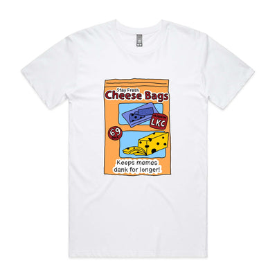 Stay Fresh Cheese Bags Tee by Lonely Kids Club. All clothing from our T-shirts to our shorts and hoodies are ethically made, and printed packed and shipped from Sydney.