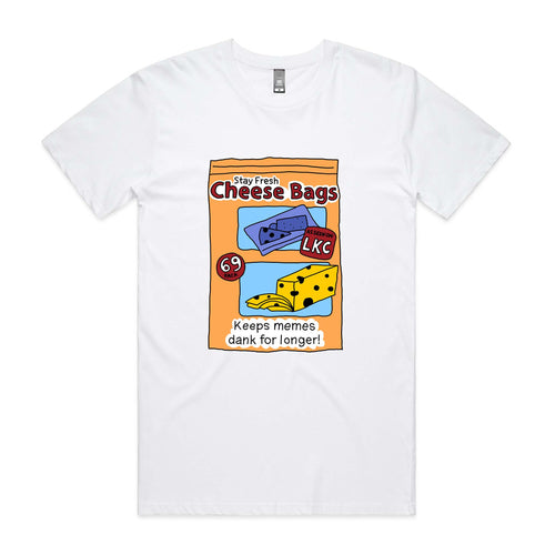 Stay Fresh Cheese Bags Tee by Lonely Kids Club. All clothing from our T-shirts to our shorts and hoodies are ethically made, and printed packed and shipped from Sydney.