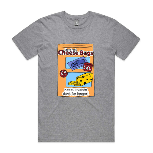 Stay Fresh Cheese Bags Tee by Lonely Kids Club. All clothing from our T-shirts to our shorts and hoodies are ethically made, and printed packed and shipped from Sydney.