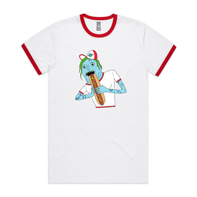 Saturn Devouring His Hot Dog Tee by Lonely Kids Club. All clothing from our T-shirts to our shorts and hoodies are ethically made, and printed packed and shipped from Sydney.