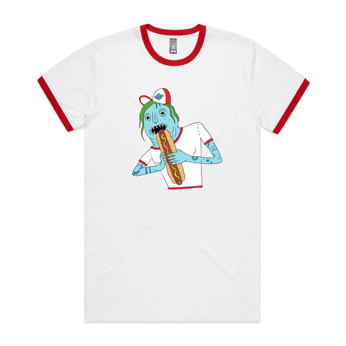 Saturn Devouring His Hot Dog Tee by Lonely Kids Club. All clothing from our T-shirts to our shorts and hoodies are ethically made, and printed packed and shipped from Sydney.
