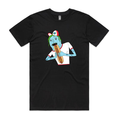 Saturn Devouring His Hot Dog Tee by Lonely Kids Club. All clothing from our T-shirts to our shorts and hoodies are ethically made, and printed packed and shipped from Sydney.