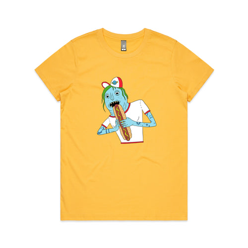 Saturn Devouring His Hot Dog Tee by Lonely Kids Club. All clothing from our T-shirts to our shorts and hoodies are ethically made, and printed packed and shipped from Sydney.
