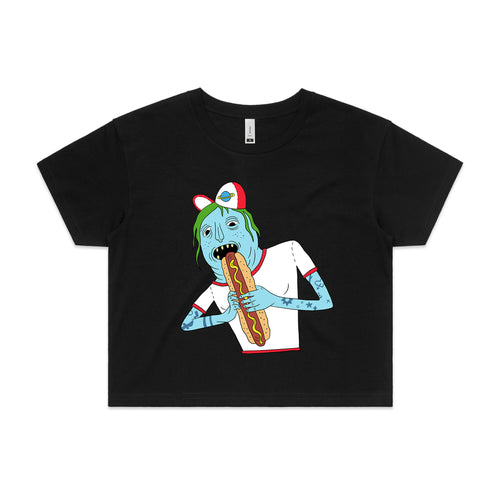 Saturn Devouring His Hot Dog Tee by Lonely Kids Club. All clothing from our T-shirts to our shorts and hoodies are ethically made, and printed packed and shipped from Sydney.