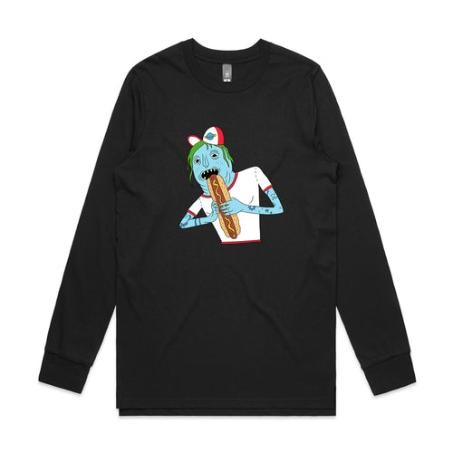 Saturn Devouring His Hot Dog Tee by Lonely Kids Club. All clothing from our T-shirts to our shorts and hoodies are ethically made, and printed packed and shipped from Sydney.