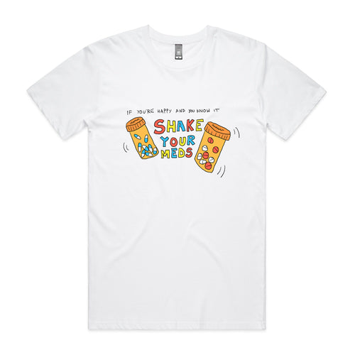 Shake Your Meds Tee by Lonely Kids Club. All clothing from our T-shirts to our shorts and hoodies are ethically made, and printed packed and shipped from Sydney.