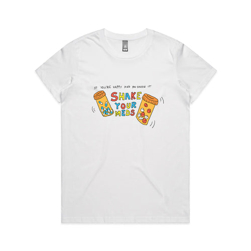 Shake Your Meds Tee by Lonely Kids Club. All clothing from our T-shirts to our shorts and hoodies are ethically made, and printed packed and shipped from Sydney.
