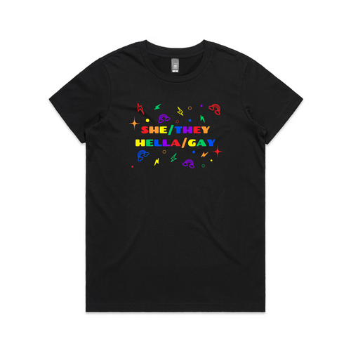 She/They Hella/Gay Tee by Lonely Kids Club. All clothing from our T-shirts to our shorts and hoodies are ethically made, and printed packed and shipped from Sydney.