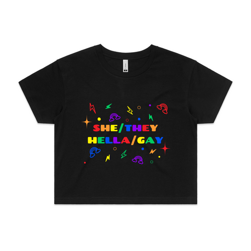 She/They Hella/Gay Tee by Lonely Kids Club. All clothing from our T-shirts to our shorts and hoodies are ethically made, and printed packed and shipped from Sydney.