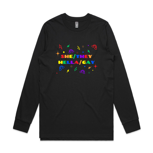 She/They Hella/Gay Tee by Lonely Kids Club. All clothing from our T-shirts to our shorts and hoodies are ethically made, and printed packed and shipped from Sydney.