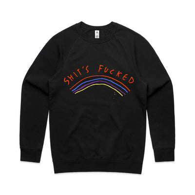 Shit's Fucked Jumper by Lonely Kids Club. All clothing from our T-shirts to our shorts and hoodies are ethically made, and printed packed and shipped from Sydney.
