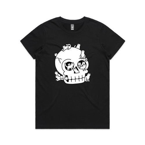 Skull With Cats Tee by Lonely Kids Club. All clothing from our T-shirts to our shorts and hoodies are ethically made, and printed packed and shipped from Sydney.