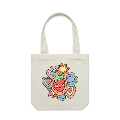 Strawberry Tote by Lonely Kids Club. All clothing from our T-shirts to our shorts and hoodies are ethically made, and printed packed and shipped from Sydney.