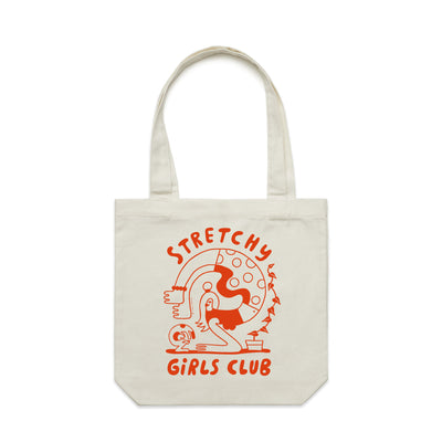 Stretchy Girls Club Tote by Lonely Kids Club. All clothing from our T-shirts to our shorts and hoodies are ethically made, and printed packed and shipped from Sydney.