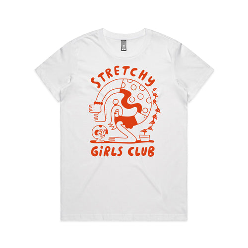 Stretchy Girls Club Tee by Lonely Kids Club. All clothing from our T-shirts to our shorts and hoodies are ethically made, and printed packed and shipped from Sydney.