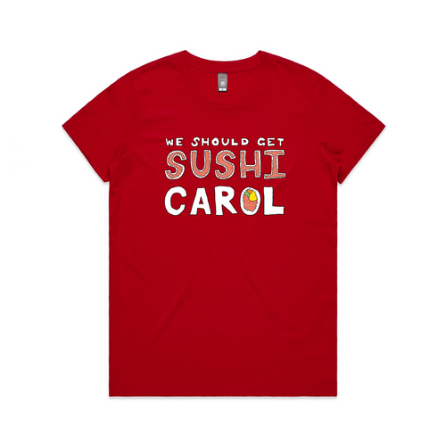 Sushi Carol Tee by Lonely Kids Club. All clothing from our T-shirts to our shorts and hoodies are ethically made, and printed packed and shipped from Sydney.