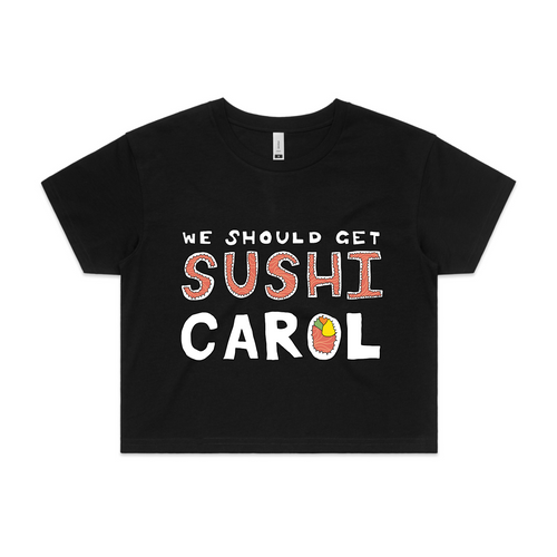 Sushi Carol Tee by Lonely Kids Club. All clothing from our T-shirts to our shorts and hoodies are ethically made, and printed packed and shipped from Sydney.