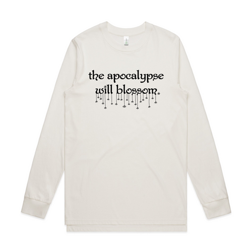 The Apocalypse Will Blossom Tee by Lonely Kids Club. All clothing from our T-shirts to our shorts and hoodies are ethically made, and printed packed and shipped from Sydney.