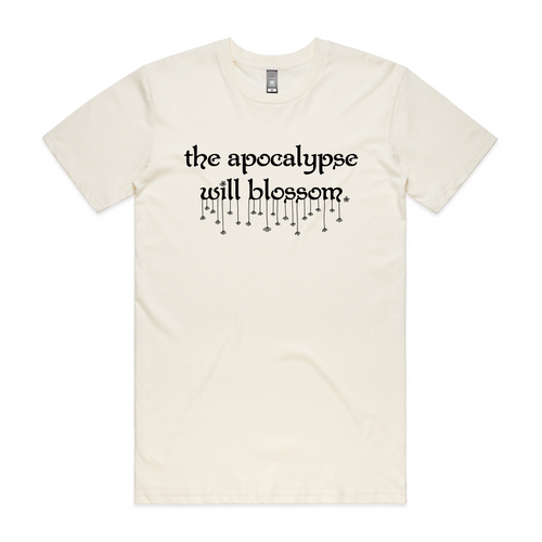 The Apocalypse Will Blossom Tee by Lonely Kids Club. All clothing from our T-shirts to our shorts and hoodies are ethically made, and printed packed and shipped from Sydney.