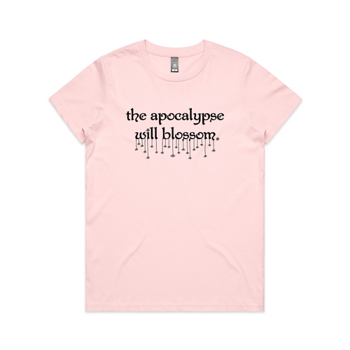The Apocalypse Will Blossom Tee by Lonely Kids Club. All clothing from our T-shirts to our shorts and hoodies are ethically made, and printed packed and shipped from Sydney.