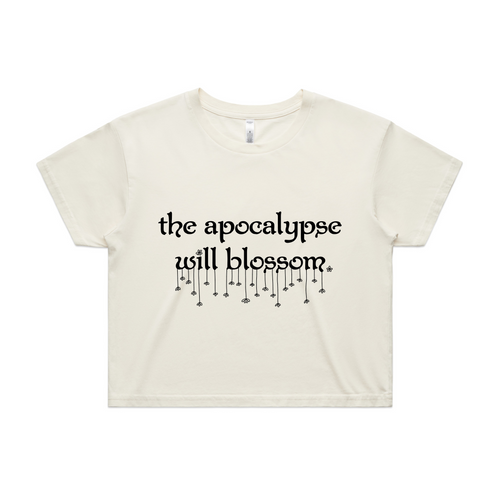 The Apocalypse Will Blossom Tee by Lonely Kids Club. All clothing from our T-shirts to our shorts and hoodies are ethically made, and printed packed and shipped from Sydney.