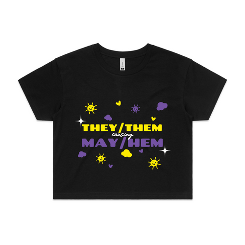 They/Them May/Hem Tee by Lonely Kids Club. All clothing from our T-shirts to our shorts and hoodies are ethically made, and printed packed and shipped from Sydney.