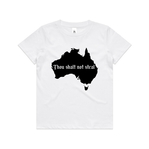 Thou Shalt Not Steal Charity Kids Tee by Lonely Kids Club. All clothing from our T-shirts to our shorts and hoodies are ethically made, and printed packed and shipped from Sydney.