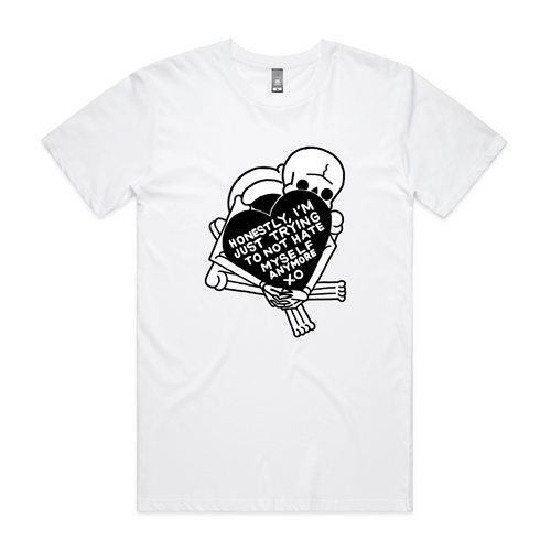 Trying To Not Hate Myself Tee by Lonely Kids Club. All clothing from our T-shirts to our shorts and hoodies are ethically made, and printed packed and shipped from Sydney.