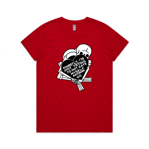 Trying To Not Hate Myself Tee by Lonely Kids Club. All clothing from our T-shirts to our shorts and hoodies are ethically made, and printed packed and shipped from Sydney.