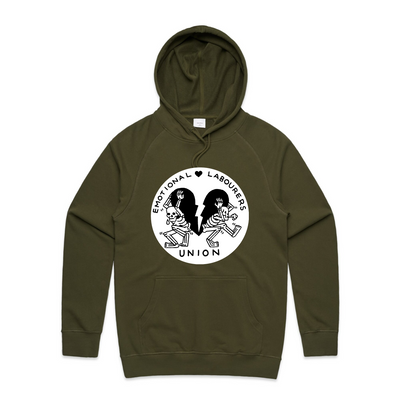 Emotional Labourer's Union Hoodie by Lonely Kids Club. All clothing from our T-shirts to our shorts and hoodies are ethically made, and printed packed and shipped from Sydney.