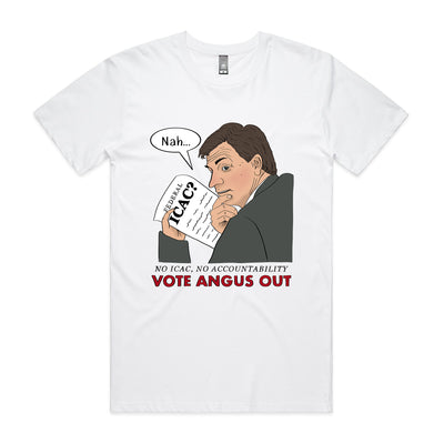 Vote Angus Out Tee by Lonely Kids Club. All clothing from our T-shirts to our shorts and hoodies are ethically made, and printed packed and shipped from Sydney.