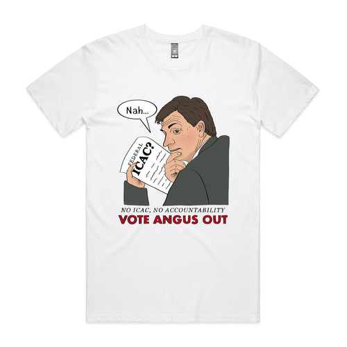 Vote Angus Out Tee by Lonely Kids Club. All clothing from our T-shirts to our shorts and hoodies are ethically made, and printed packed and shipped from Sydney.