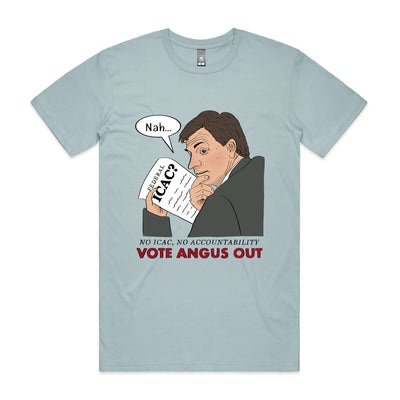 Vote Angus Out Tee by Lonely Kids Club. All clothing from our T-shirts to our shorts and hoodies are ethically made, and printed packed and shipped from Sydney.