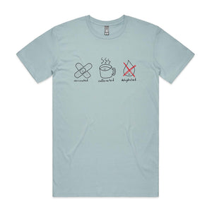 Vaccinated Caffeinated Dehydrated Tee by Lonely Kids Club. All clothing from our T-shirts to our shorts and hoodies are ethically made, and printed packed and shipped from Sydney.