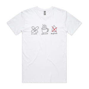 Vaccinated Caffeinated Dehydrated Tee by Lonely Kids Club. All clothing from our T-shirts to our shorts and hoodies are ethically made, and printed packed and shipped from Sydney.