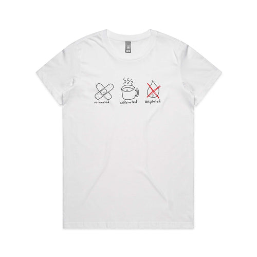 Vaccinated Caffeinated Dehydrated Tee by Lonely Kids Club. All clothing from our T-shirts to our shorts and hoodies are ethically made, and printed packed and shipped from Sydney.