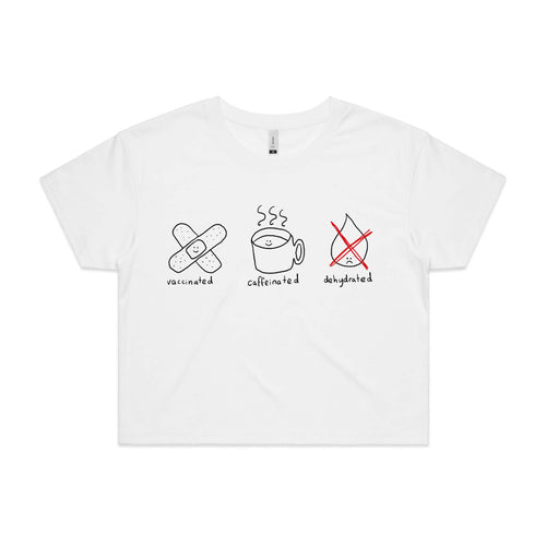 Vaccinated Caffeinated Dehydrated Tee by Lonely Kids Club. All clothing from our T-shirts to our shorts and hoodies are ethically made, and printed packed and shipped from Sydney.