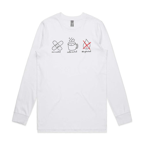Vaccinated Caffeinated Dehydrated Tee by Lonely Kids Club. All clothing from our T-shirts to our shorts and hoodies are ethically made, and printed packed and shipped from Sydney.