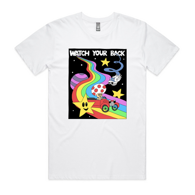 Watch Your Back Tee by Lonely Kids Club. All clothing from our T-shirts to our shorts and hoodies are ethically made, and printed packed and shipped from Sydney.