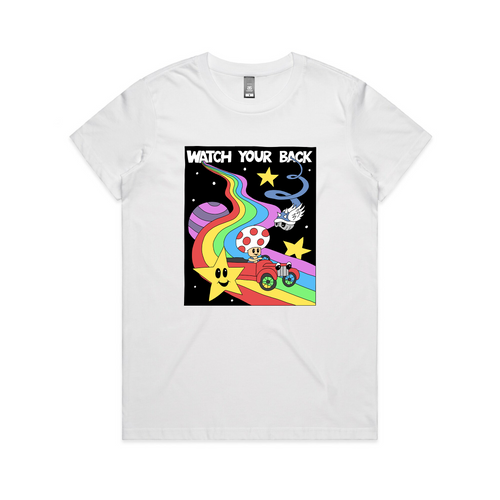 Watch Your Back Tee by Lonely Kids Club. All clothing from our T-shirts to our shorts and hoodies are ethically made, and printed packed and shipped from Sydney.