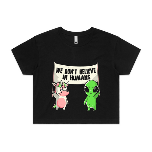 We Don't Believe In Humans Tee by Lonely Kids Club. All clothing from our T-shirts to our shorts and hoodies are ethically made, and printed packed and shipped from Sydney.