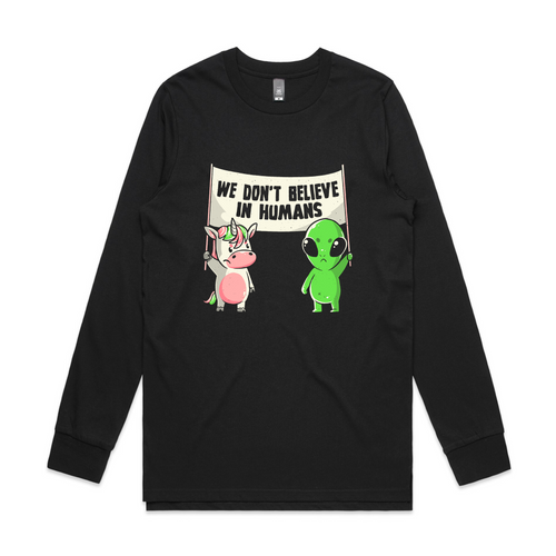 We Don't Believe In Humans Tee by Lonely Kids Club. All clothing from our T-shirts to our shorts and hoodies are ethically made, and printed packed and shipped from Sydney.
