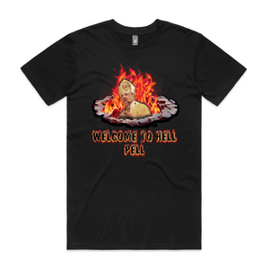 Welcome To Hell, Pell Charity Tee by Lonely Kids Club. All clothing from our T-shirts to our shorts and hoodies are ethically made, and printed packed and shipped from Sydney.