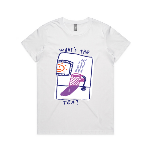 What's The Tea Tee by Lonely Kids Club. All clothing from our T-shirts to our shorts and hoodies are ethically made, and printed packed and shipped from Sydney.