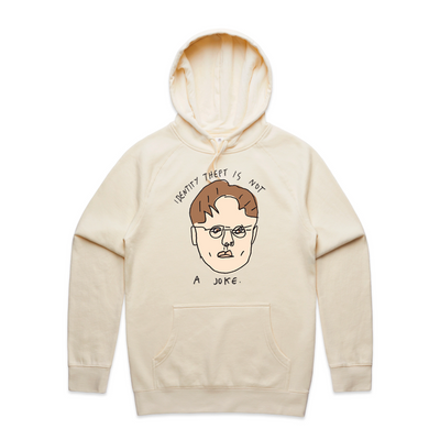 Identity Theft Hoodie by Lonely Kids Club. All clothing from our T-shirts to our shorts and hoodies are ethically made, and printed packed and shipped from Sydney.