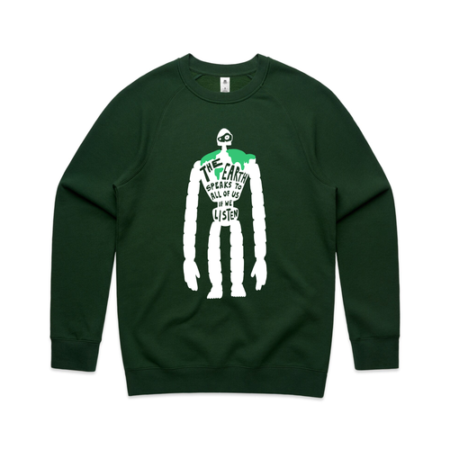 Earth Speaks Jumper by Lonely Kids Club. All clothing from our T-shirts to our shorts and hoodies are ethically made, and printed packed and shipped from Sydney.